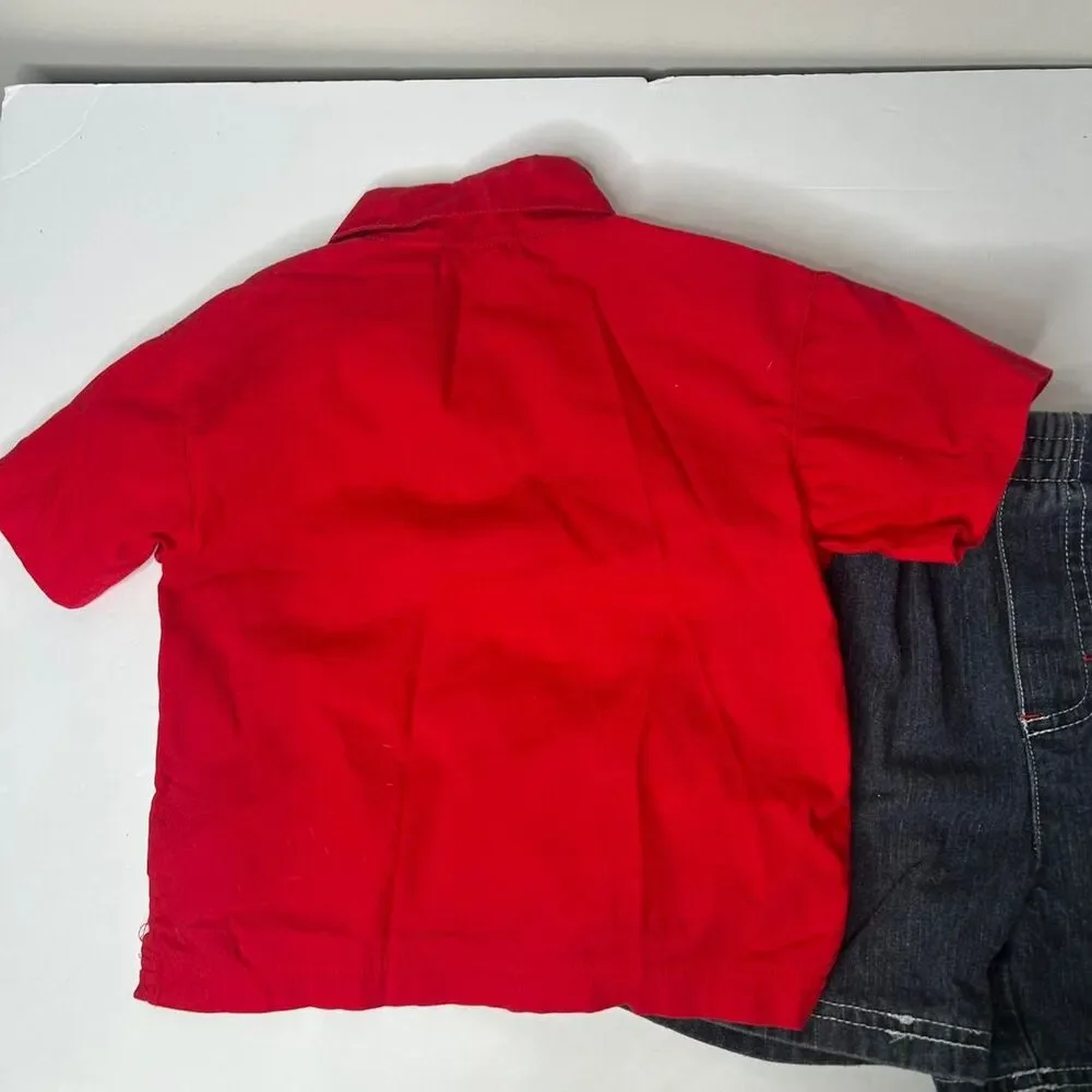 Vintage Disney Winnie the Pooh Racing red button up shirt denim shorts set 2T